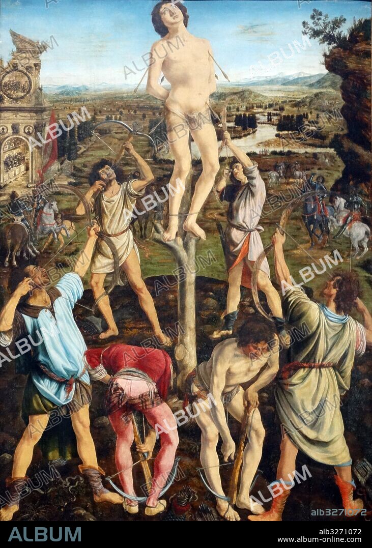 Painting titled 'The Martyrdom of Saint Sebastian' by Antonio del Pollaiolo (1433-1498) and Piero del Pollaiolo (1443-1496) Italian Renaissance painters. Dated 15th Century.