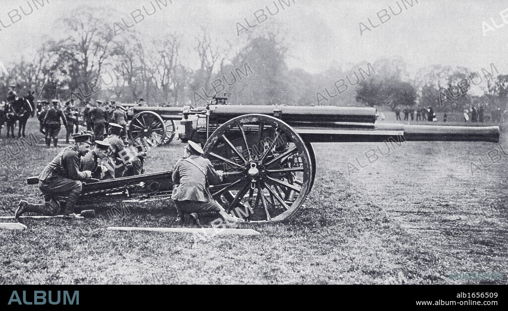 A British 60 pounder "Position Gun" also known as "Long Toms" used on the Western Front during the First World War. From The Illustrated War News published 1914.