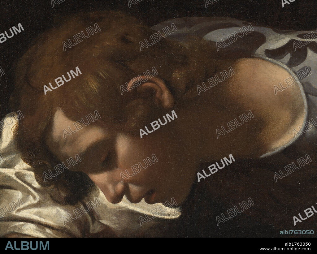Narcissus, by Michelangelo Merisi known as Caravaggio, 1599-1600, 16th Century, oil on canvas, cm 118 x 99. Italy, Lazio, Rome, National Gallery of Ancient Art, Palazzo Barberini. The myth of Narcissus is narrated in different literary versions as well as in the Metamorphosis by Ovid. Detail. Young Narcissus face profile white shirt damasked damask jacket darkness., photographic campaign 2009. Authorization required for non editorial use.