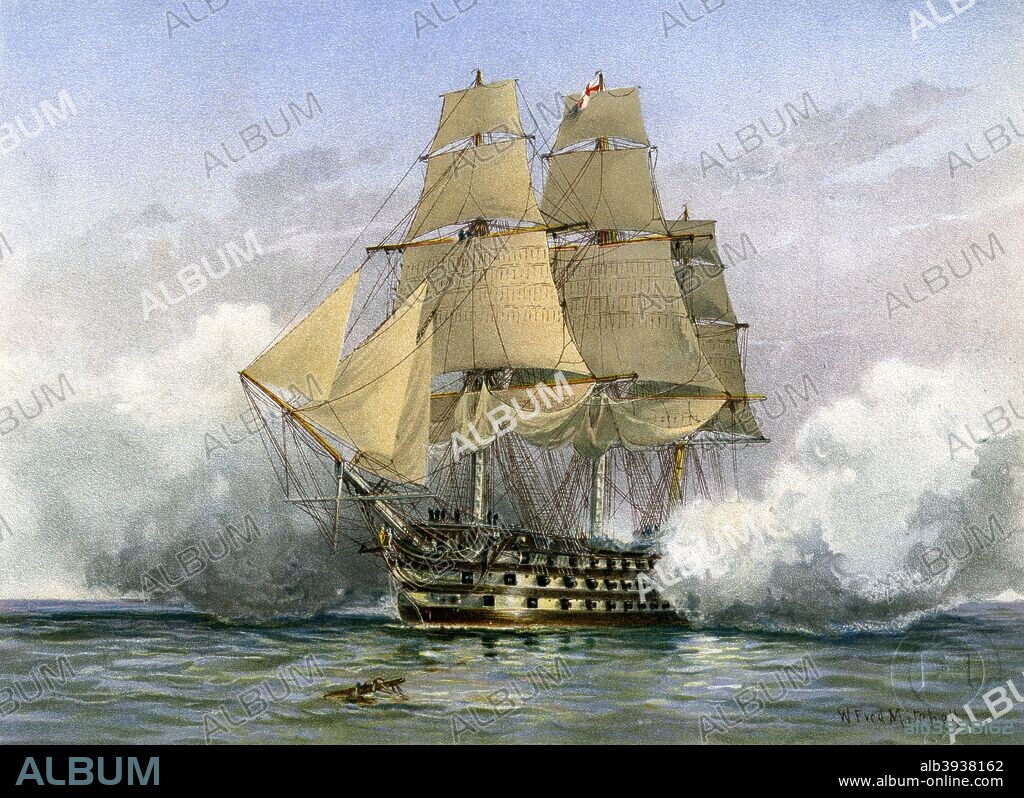 HMS 'Victory', British warship, c1890-c1893. HMS 'Victory' was a first rate ship of the line of the Royal Navy, built between 1759 and 1765. She was Nelson's flagship at the Battle of Trafalgar in 1805. The 'Victory' has been at Portsmouth since she was retired from service in 1812. In 1922 she was moved into dry dock for restoration. A print from Her Majesty's Navy Including its Deeds and Battles, by Lieut Chas Rathbone Low, Volume III, JS Virtue & Co, London, 1890-1893.