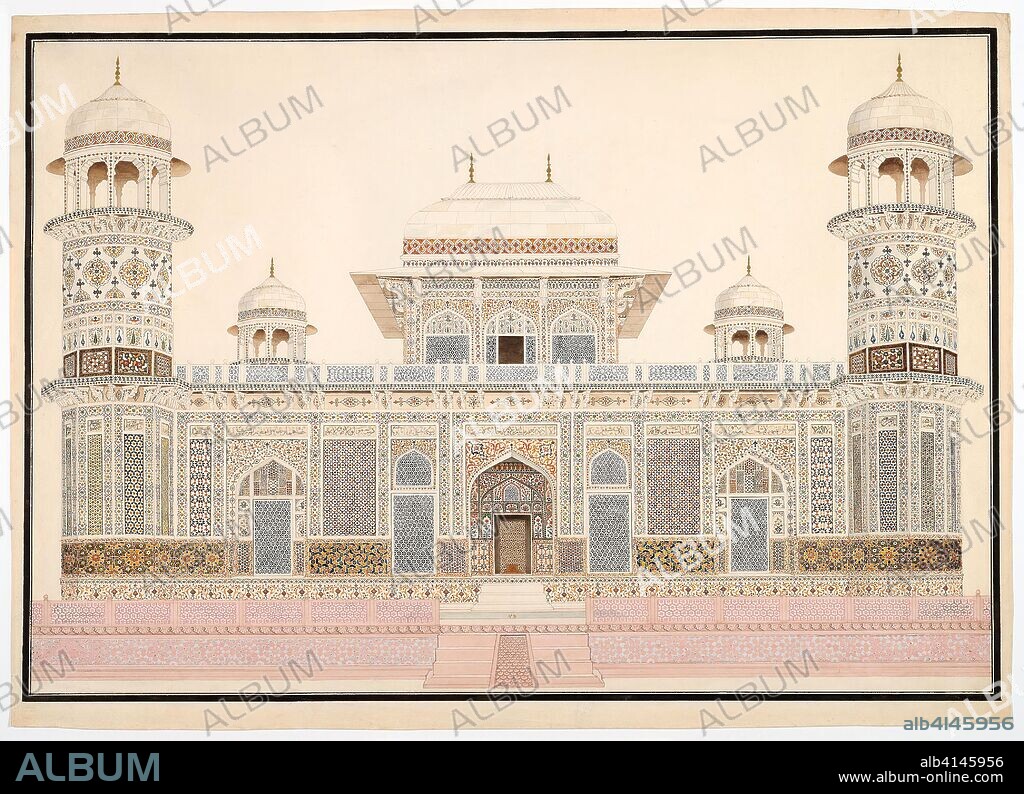 I'timad-ud-Daula's Tomb at Agra. India; Agra. Date: 1815-1825. Dimensions: 51 × 74 cm  (21.1 × 29.1 in.). Watercolor on paper watermarked J. Whatman with pencil, pen, ink and gold. Origin: India.