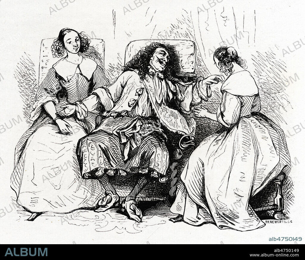 Mascarille Madelon et Cathos. Scene 10. Illustration de 1843 par Tony JOHANNOT (1803-1852) pour Les precieuses ridicules de MOLIERE (1622-1673). Credit : Collection Kharbine-Tapabor.