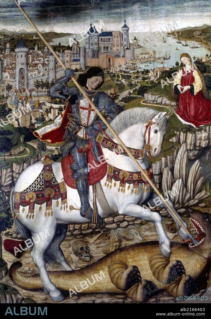 PERE NIÇARD. Saint George Slaying the Dragon by Pedro Nisart, 1468; Oil on wood, 2.84 x 1.87 cm.