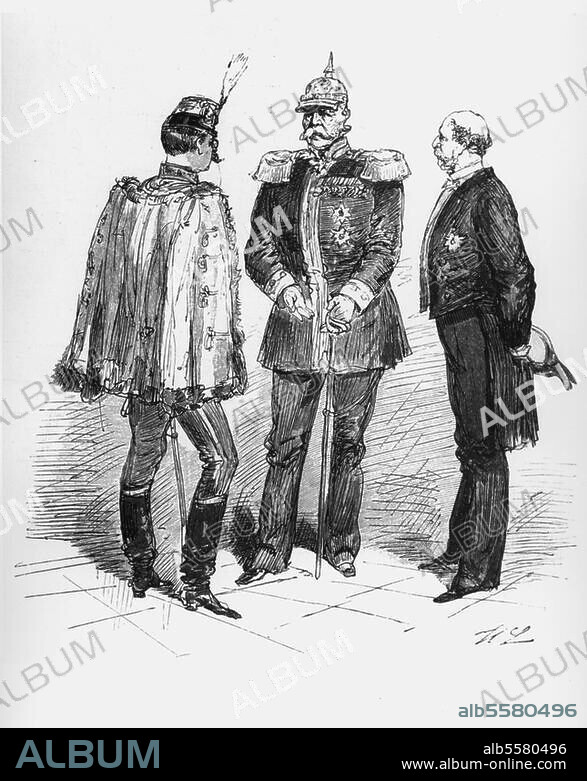 Bismarck, Otto von; Reichskanzler. 1815-1898. "Vor der Dreikaiserbegegnung in Skierniewice: Die drei Kanzler". (Russ. Polen, 15.-17. Sept. 1884; v. li. Gustav Graf Kalnoky, Bismarck, Nikolai K.Giers). Holzstich nach Zeichnung von Hermann Lüders (1836-1908). Aus: Über Land und Meer, 53. Jg, 1884/85.