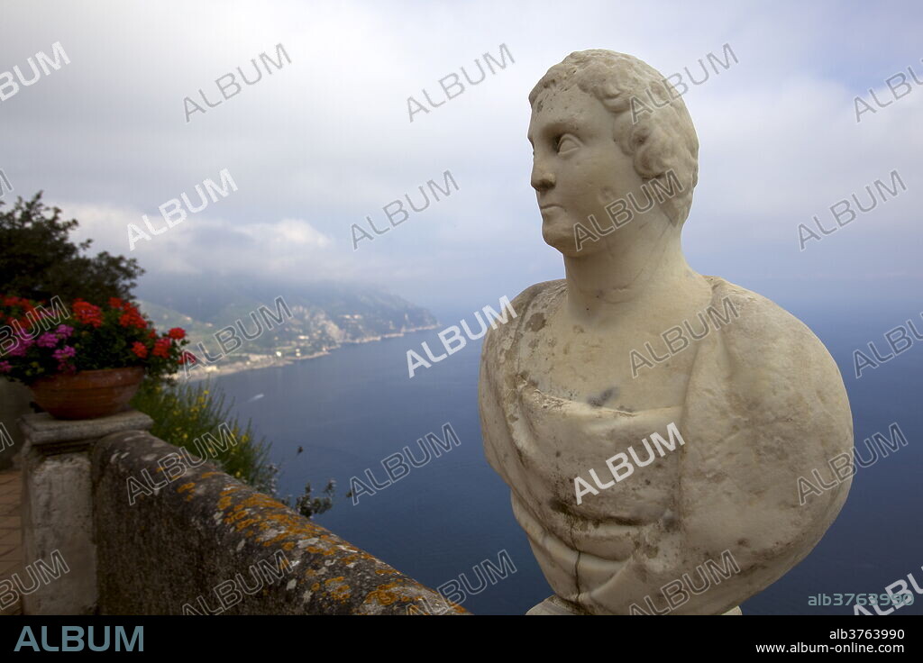 View from the Terrace of Infinity, in the gardens of the Villa Cimbrone, Ravello, Amalfi Coast, UNESCO World Heritage Site, Campania, Italy, Europe.