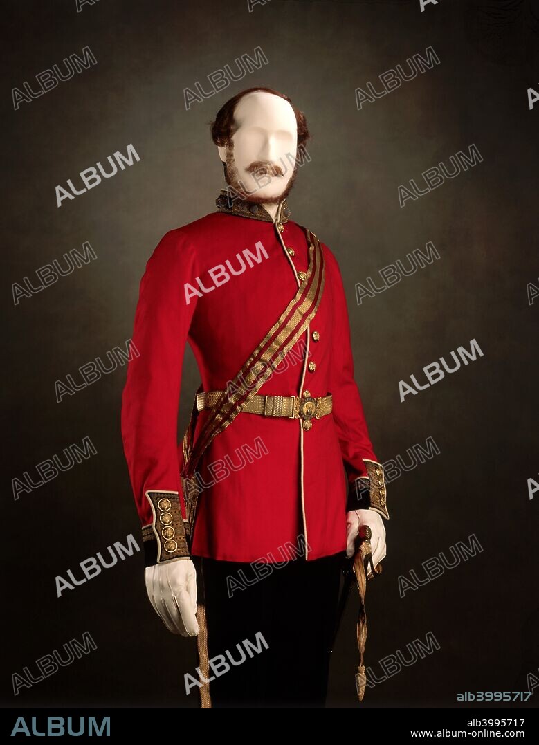 Uniform worn by Prince Albert as Colonel of the Grenadier Guards, 1857. The jacket is made of scarlet facecloth.