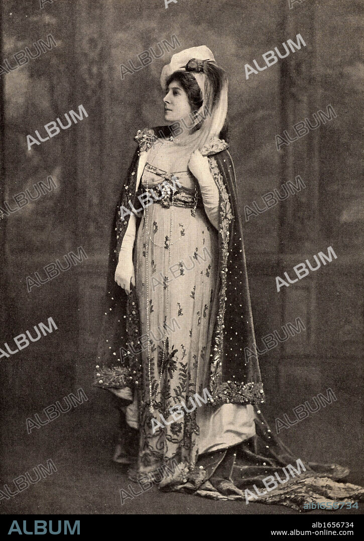 Lillie Langtry (born Emilie Charlotte le Breton - 1853-1929) only daughter of the Dean of Jersey, she was called the Jersey Lily. English society beauty and actress. Among her extra-marital lovers were Prince Louis of Battenberg and Albert Edward, Prince of Wales, the future Edward VII. In 1887 she took American citizenship.  Langtry in 1903 as the leading French actress Mademoiselle Mars (Anne Francoise Hippolyte Boutet 1779-1847) in the play 'Mademoiselle Mars'.