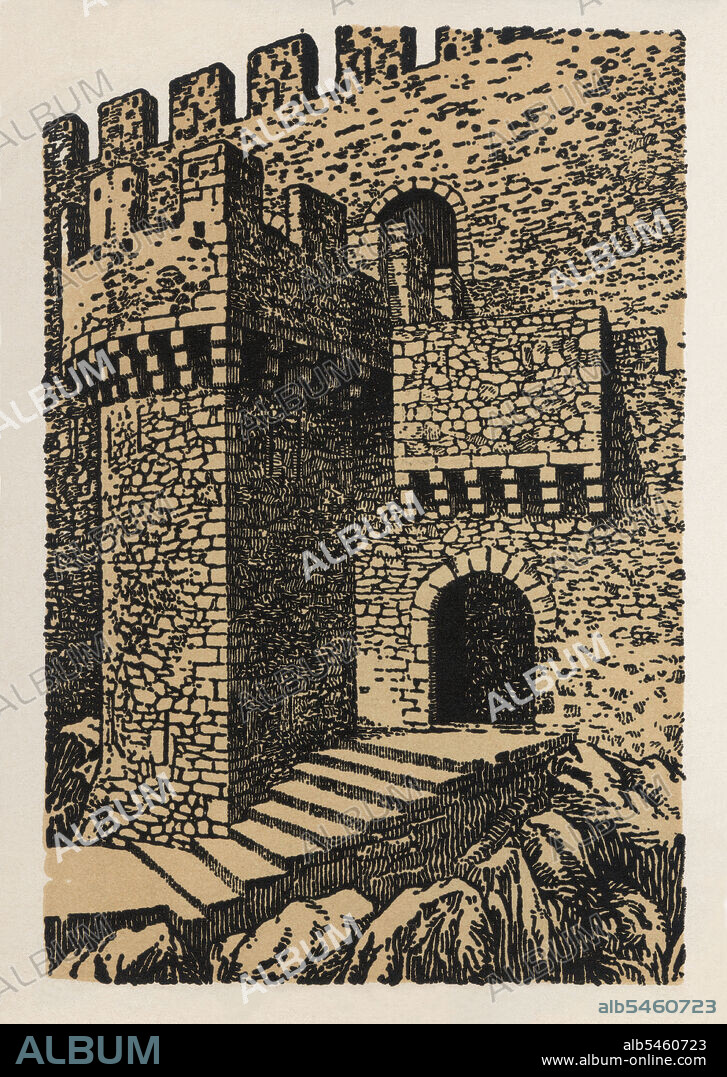 Castillos de España. Girona. Vista parcial del castillo de Requesens originario del siglo IX. Grabado de 1924.