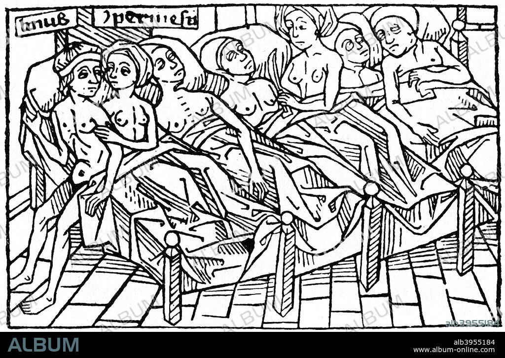 Lynceus and Hypermnestra, 1479 (1964). According to Greek mythology Hypermnestra was queen of the Argives. Lynceus was her husband. She defied the order of her father, Danaus, to murder Lyceus in his sleep because he had honoured her wish to remain a virgin. From Anton Sorg's edition of Giovanni Boccaccio's, De Mulieribus Claris (On Famous Women), Ulm, 1479. A print from A History of Wood Engraving, by Douglas Percy Bliss, Spring Books, London, 1964.