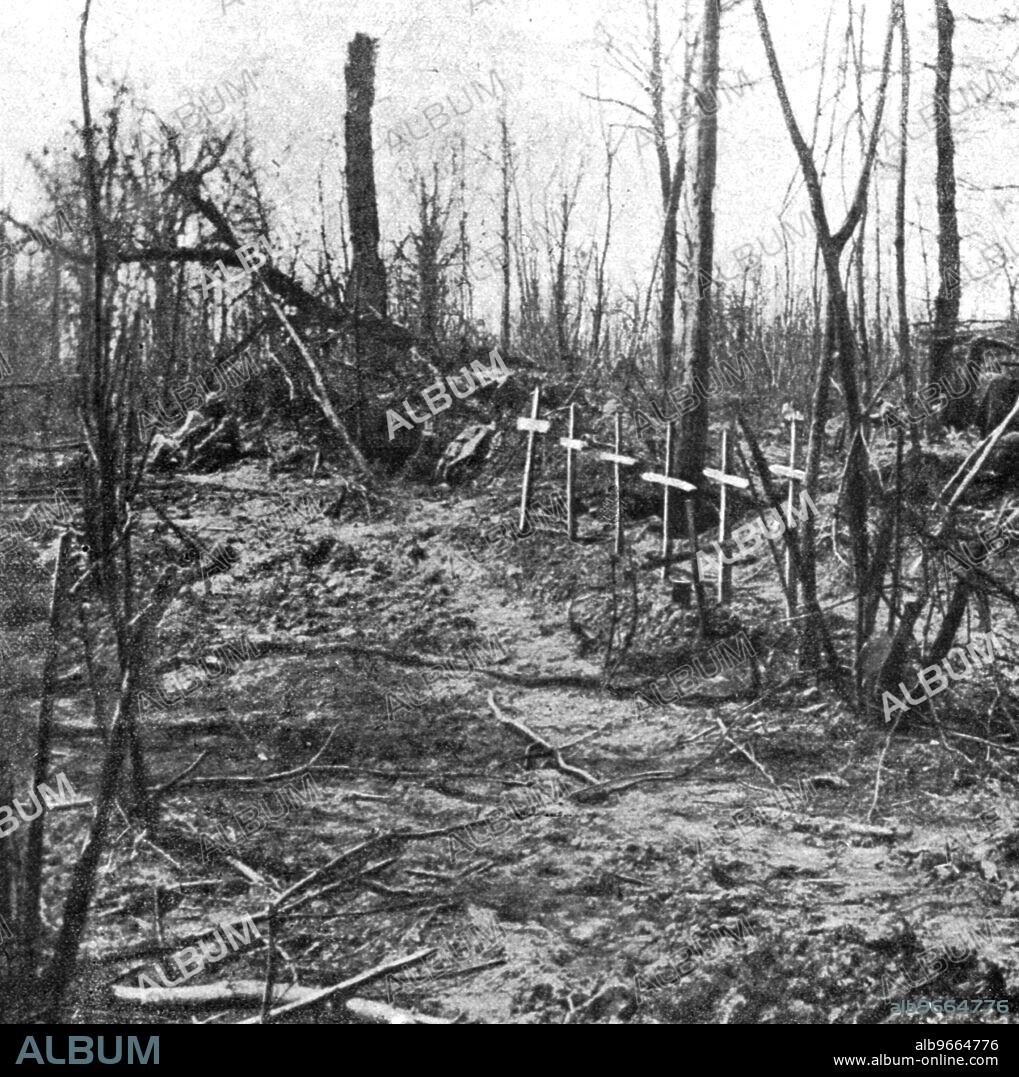 'Tombes de soldats dans le bois d'Avocourt', 1916. From "Collection de la Guerre IV. L'Illustration Tome CXLVIII. La Guerre Juillet, Aout, Septembre, Octobre, Novembre, Decembre 1916".