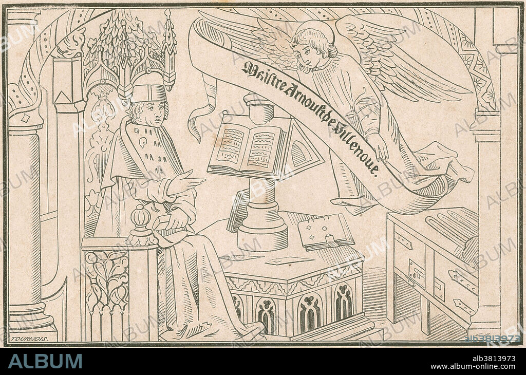 Arnaldus de Villa Nova (1235-1311) was a Spanish alchemist, astrologer and physician. He studied chemistry, medicine, physics, and Arabic philosophy. He is credited with translating a number of medical texts from Arabic, including works by Ibn Sina (Avicenna), Qusta ibn Luqa (Costa ben Luca), and Galen. Many alchemical writings, including Thesaurus Thesaurorum or Rosarius Philosophorum, Novum Lumen, and Flos Florum, are also ascribed to him, but they are of very doubtful authenticity. Among his achievements was the discovery of carbon monoxide and pure alcohol. In 1313 he was summoned to Avignon by Pope Clement V, who was ill, but he died on the voyage. Illustration from Vies Des Savants Illustrates, Savants Du Moyen-Age by Louis Figuier, 1883.