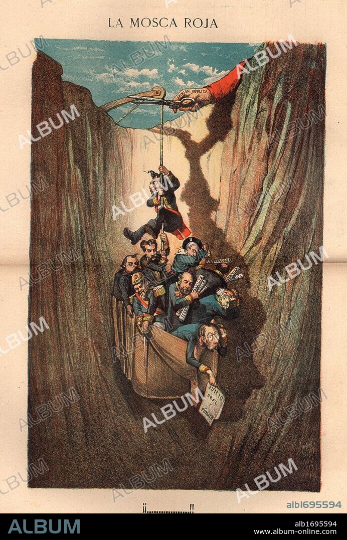 Dibujo político satírico de la época aparecido en La Mosca Roja, número 14, época 2ª. Barcelona, 1 julio 1882.