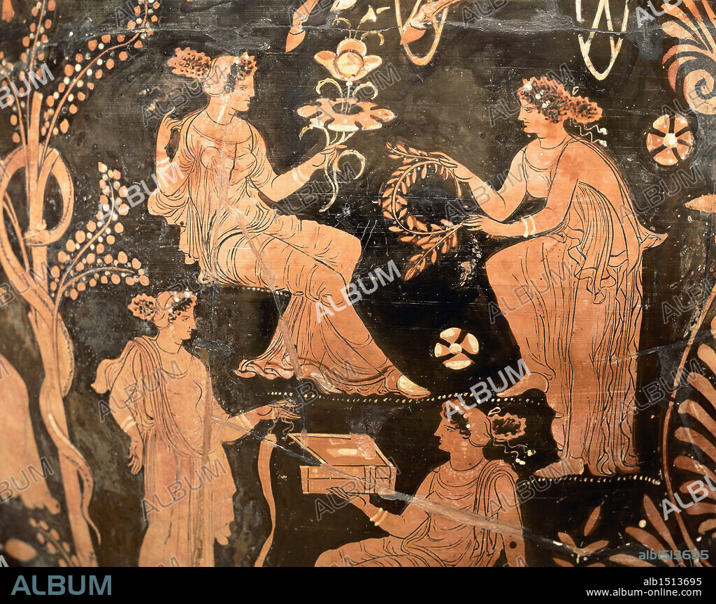 Greek civilization, 4th century b.C. Red-figure pottery. Attic vase depicting the Garden of the Hesperides. Detail.