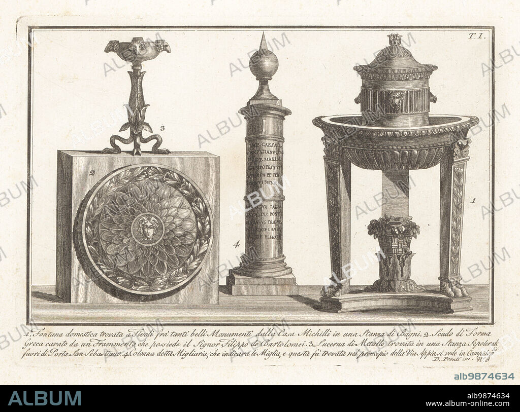 Domestic fountain found at Tivoli 1, Greek-style round shield owned by Filippo de Bartolomei 2, metal torch found in a sepulchral room in Porta San Sebastiano 3, and mile stone or colonna migliaria found at the start of the Via Appia 4. Copperplate engraving by Domenico Pronti from his own New Collection Representing Religious, Civil and Military Costumes of the Ancient Egyptians, Etruscans, Greeks and Romans, Nuova Raccolta Rappresentante I Costumi Religiosi Civili e Militari, Rome, 1805.