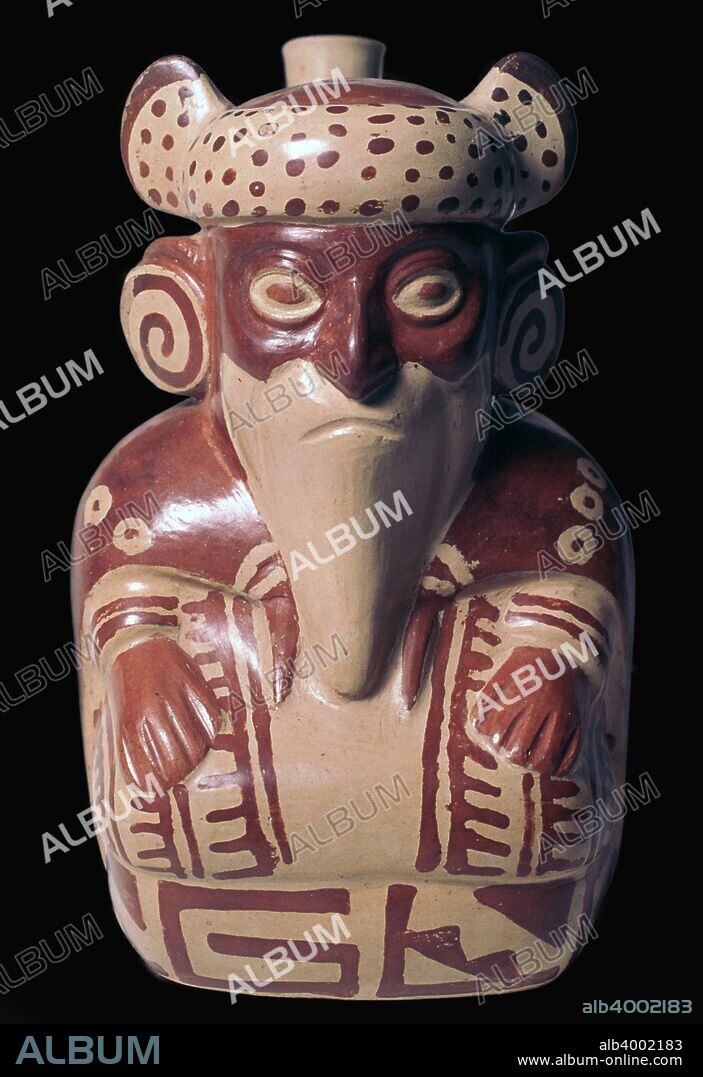 Mochica pottery sculpture of Viracocha, the creator god, who appears as a man with white hair and a beard. From the Royal Scottish Museum, Edinburgh.