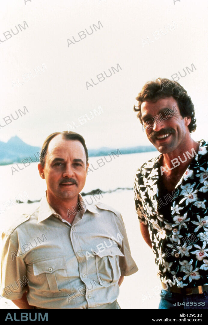 JOHN HILLERMAN and TOM SELLECK in MAGNUM, P. I., 1980. Copyright UNIVERSAL TV.