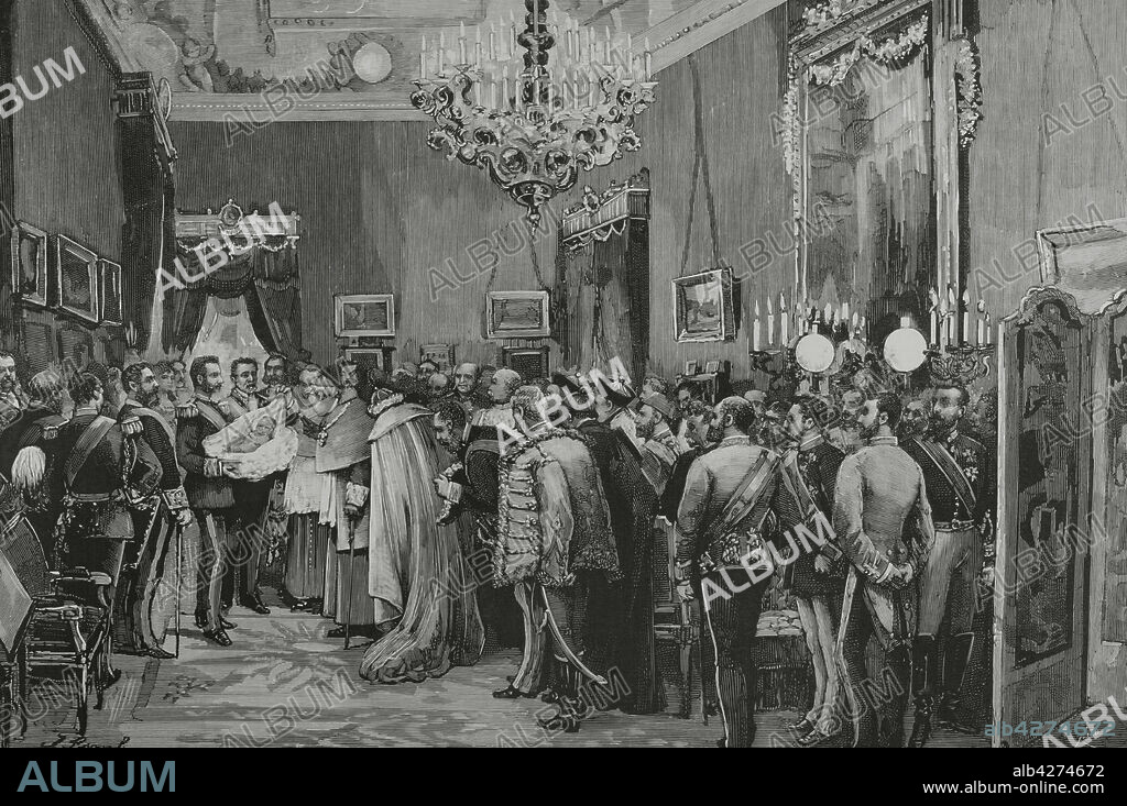 JUAN COMBA GARCÍA (1852-1924). SPANISH PAINTER AND ILLUSTRATOR. BERNARDO RICO (1825-1894). SPANISH PAINTER AND ENGRAVER.. España. Reinado de Alfonso XII, de 1874 a 1885. Presentación oficial de la augusta recién nacida, la infanta Doña María Teresa (1882-1912), por S.M. el rey Alfonso XII al cuerpo diplomático y altos dignatarios del estado, a las pocas horas de su nacimiento, el día 12 de noviembre. Dibujo del natural por Juan Comba. Grabado por Rico. La Ilustración Española y Americana, 22 de noviembre de 1882.