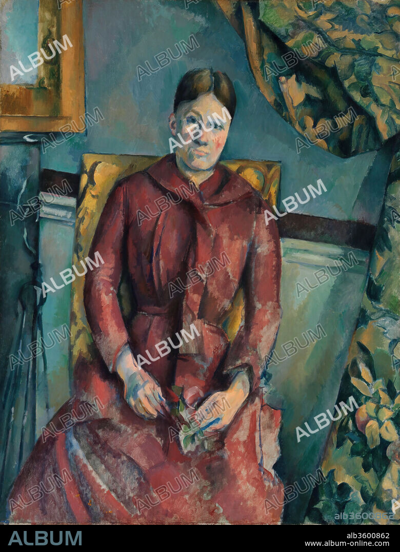 PAUL CEZANNE. Madame Cézanne (Hortense Fiquet, 1850-1922) in a Red Dress. Artist: Paul Cézanne (French, Aix-en-Provence 1839-1906 Aix-en-Provence). Dimensions: 45 7/8 x 35 1/4 in. ( 116.5 x 89.5 cm). Date: 1888-90.
Of the four portraits that Cézanne painted of his wife wearing a shawl-collared red dress, this is the only one to show her in an elaborately furnished interior. Seated in a high-backed yellow chair and wedged between well-placed props that seem to bend to her form and shift to her weight, Madame Cézanne is the lynchpin of a tilting, spatially complex composition. The mottled blue wall, the dark red band that edges the wainscoting, and the mirror over the fireplace at left identify the setting as the apartment that Cézanne rented at 15 quai d'Anjou, Paris, from 1888 to 1890.