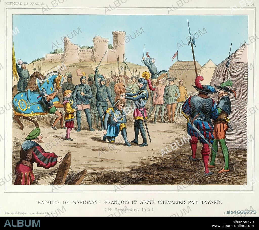 Bataille de Marignan, FRANCOIS 1er est arme chevalier par BAYARD. Illustration anonyme pour Histoire de France. vers 1895. Credit : Collection Kharbine-Tapabor.