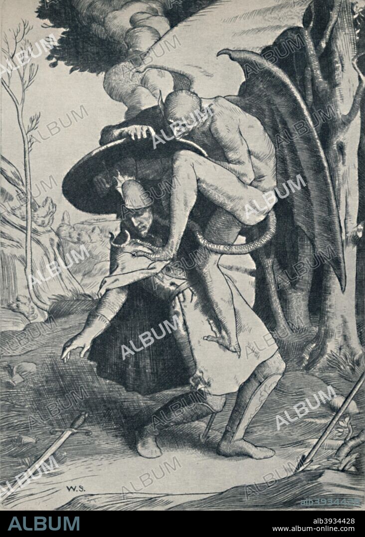 'Christian Fighting Apollyon',  1895, (1923). From: The pilgrim's progress, in the centre, Christian is falling back under the weight of Apollyon, a winged demon, who has his legs on Christian's shoulders. From British Book Illustration - Yesterday and To-day edited by Geoffrey Holme. [The Studio, Ltd., London, 1923].