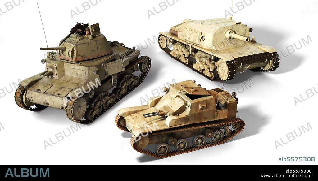 Three armored vehicles used by the Italian Army during WWII: M13/40, L3/33-35 and the Semovente da 75/18.