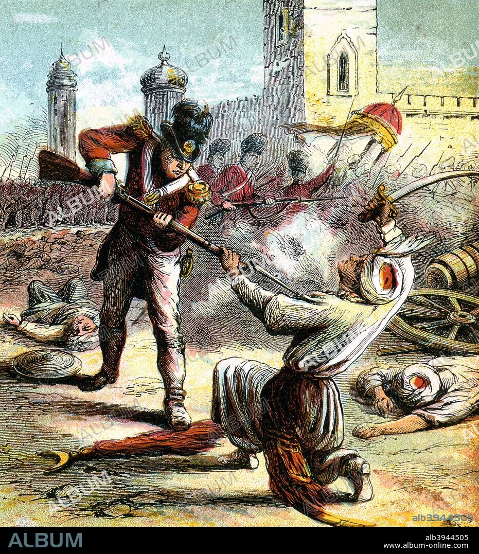 'Capture of Seringapatam', 1799 (c1850s). Srirangapatna (Seringapatam), the chief city of Mysore, India, was captured by the British army commanded by the Duke of Wellington in 1799. The battle and the death of Tipu Sultan marked the end of the Fourth Anglo-Mysore War and the confirmation of British domination of southern India. Colour plate taken from the book Pictures of English History, George Routledge And Sons, (London, New York, c1850).