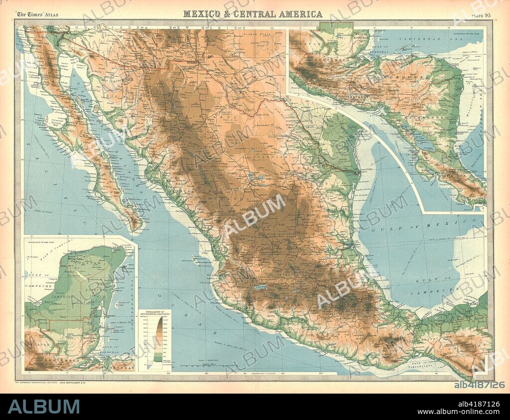 Map of Mexico and Central America. Map showing Baja California, Mexico and the Yucatan peninsula,  Plate 95 from The Times Atlas.