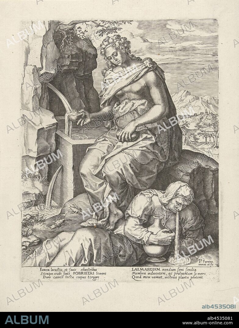 Moderation overcomes Gluttony Seven virtues and seven vices (series title), At a well, the personification of Moderation (Sobietas) fills a bowl with water and looks down at the personification of Gluttony at her feet ( Laemargiam) who is vomiting on the floor with a wine jug in her arms. The print has a Latin caption and is part of a series about virtues and vices, Gluttony, Intemperance, 'Gula', 'Gola', 'Ingordigia', 'Ingordigia overo Avidità', 'Voracità' (Ripa), personification of one of the Seven Deadly Sins, Temperance, 'Temperantia', 'Temperanza' (Ripa), one of the Four Cardinal Virtues, one Virtue fighting against or treading upon one Vice, Pieter Jalhea Furnius (mentioned on object), 1550 - 1625, paper, engraving, h 258 mm × w 195 mm.