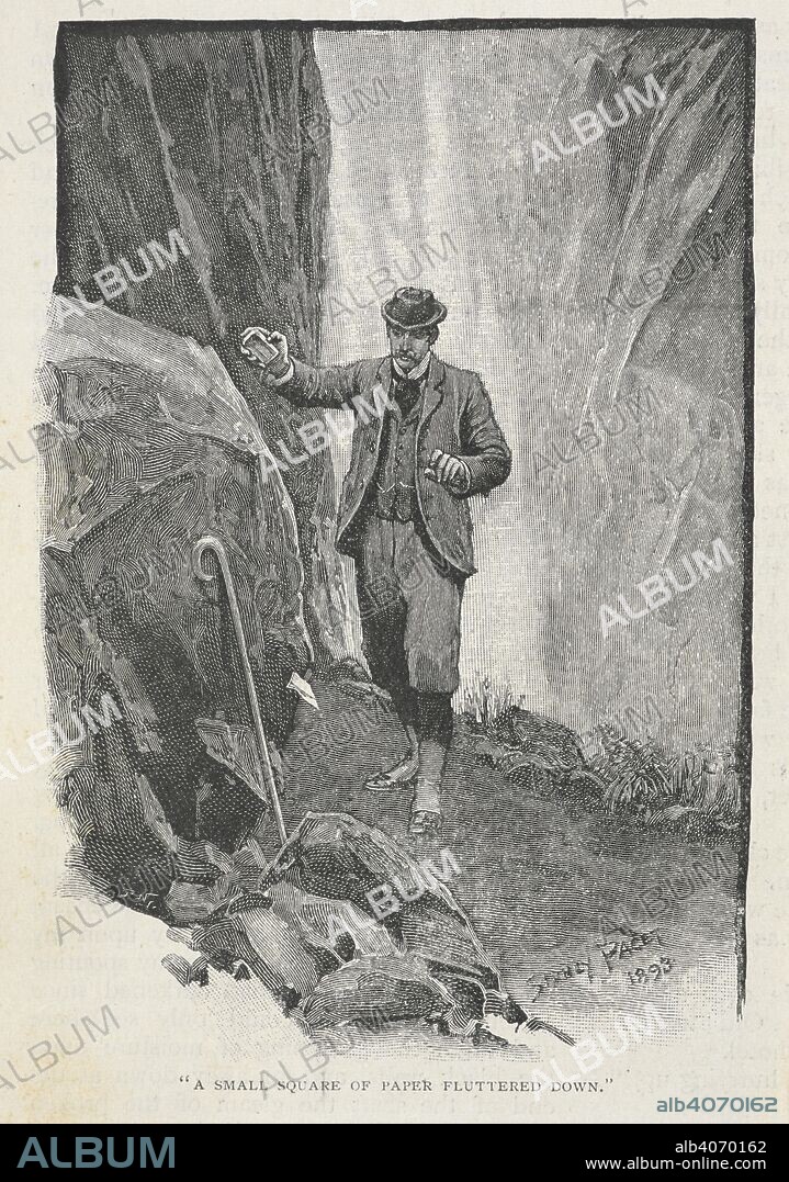ARTHUR CONAN DOYLE and SYDNEY PAGET. "A small square of paper fluttered down." Doctor Watson standing at the Reichenbach falls. Illustration for the story 'the adventure of the final problem.'. The Strand magazine : an illustrated monthly / edited by G. Newnes. London : George Newnes. 1893. July to December. Source: P.P.6004.glk page 570.