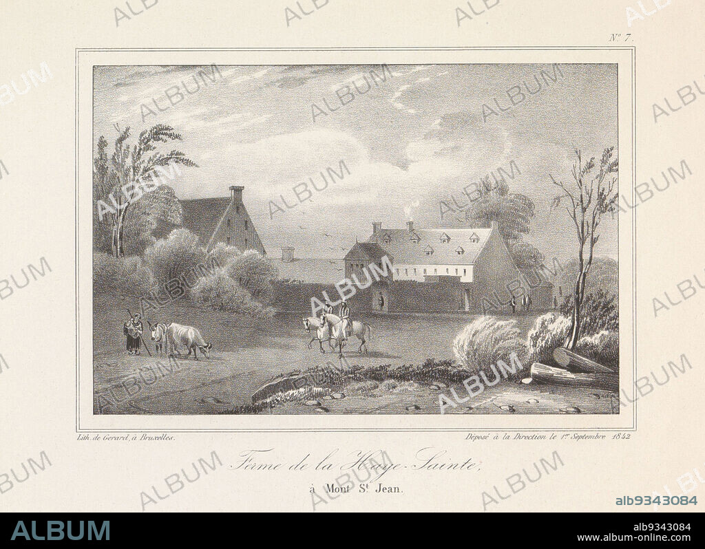 Farmstead in Mont-Saint-Jean, Ferme de la Haye-Sainte, à Mont-St. Jean (title on object), View of a farmstead in Mont-Saint-Jean, a village near Waterloo. On the left a herdsman. Part of an album of twelve plates with views from c. 1840-1846 of the area where the battle of Waterloo took place on 18 June 1815. Numbered top right: No. 7., print maker: H. Gérard (possibly), printer: H. Gérard (mentioned on object), Brussels, 1842, paper, height 225 mm × width 290 mm.