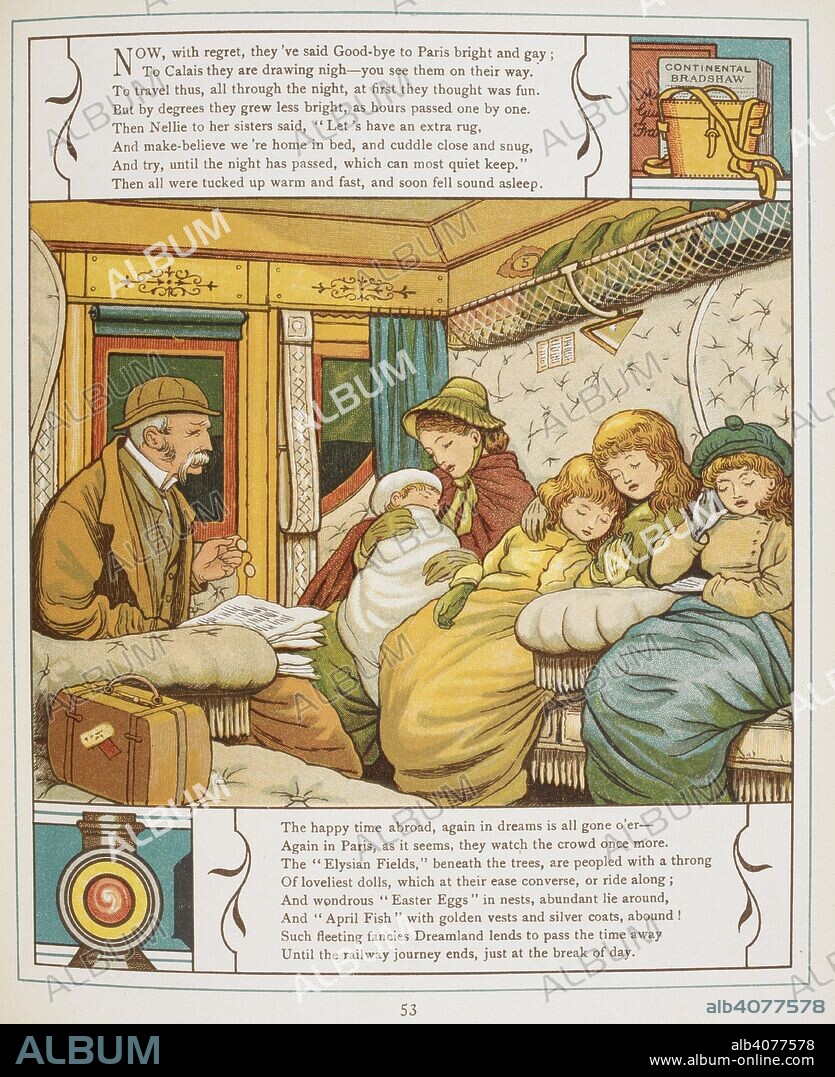 THOMAS CRANE and ELLEN HOUGHTON. Passengers sitting inside a railway carriage. Colour Illustration from â€˜Abroadâ€™. Abroad. Marcus Ward & Co.: London, 1882. Source: 12810.d.28 page 53. Language: English.