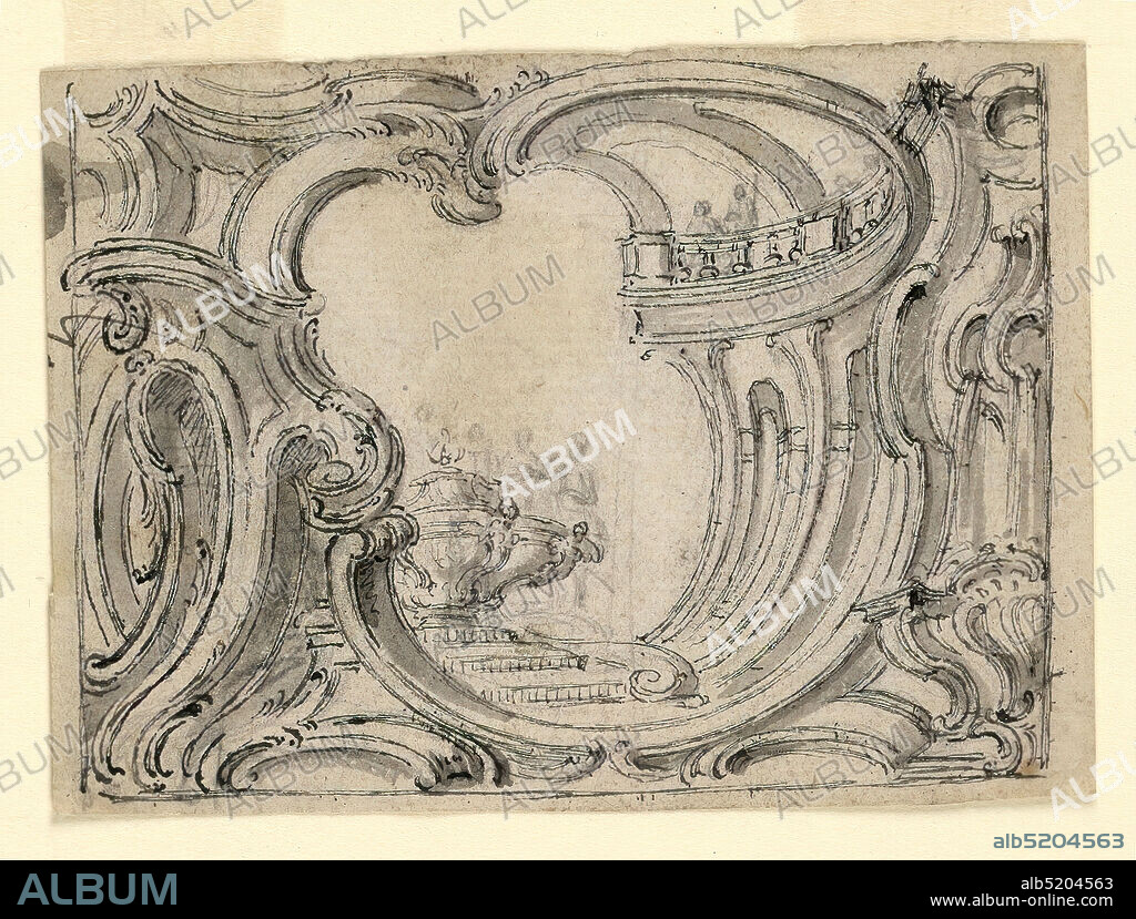 Design for an Ornament Panel, Juste-Aurèle Meissonnier, French, b. Italy, 16951750, Pen and black ink, brush and gray wash, black chalk on paper, A palace atrium in rocaille architecture is obliquely shown. An elaborate urn stands upon a pedestal in its center. Some standing women are slightly indicated., Reverse: A small part of an ornament in graphite., ca. 1728, ornament, Drawing, Drawing.