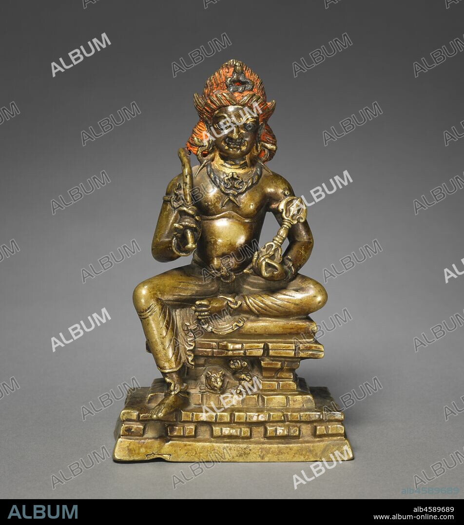 Vajrapani, 700s. The name Vajrapani means "he who holds (pani) the thunderbolt (vajra)" in Sanskrit. Adopted by Buddhists as a protector not only in India and the Himalayan regions of Nepal and Tibet, Vajrapani also was incorporated into art of China, Korea, and Japan. The attributes of the thunderbolt and the club were derived from images of Zeus and Hercules that travelers from the Mediterranean world brought to the region as early as the 320s BC.   This rare, early bronze image of Vajrapani visually conveys his power to overcome fear and obstacles to enlightenment, and for this reason he is invoked by Buddhist practitioners. He sits on a pedestal in the form of a rocky mountain populated with wild lions, and he has tamed poisonous snakes to use as ornaments.