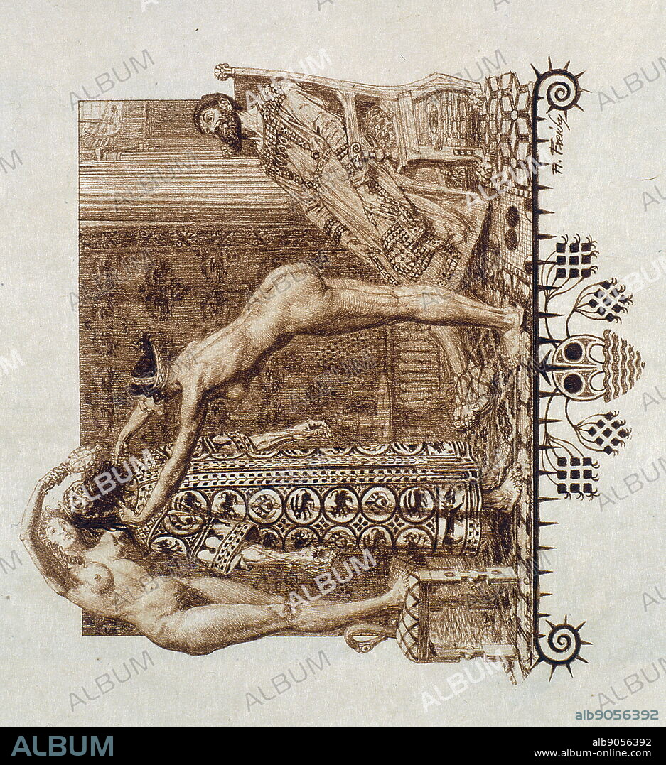 Gothic-style engraving depicting naked women pampering an old man, whilst another man looks on.