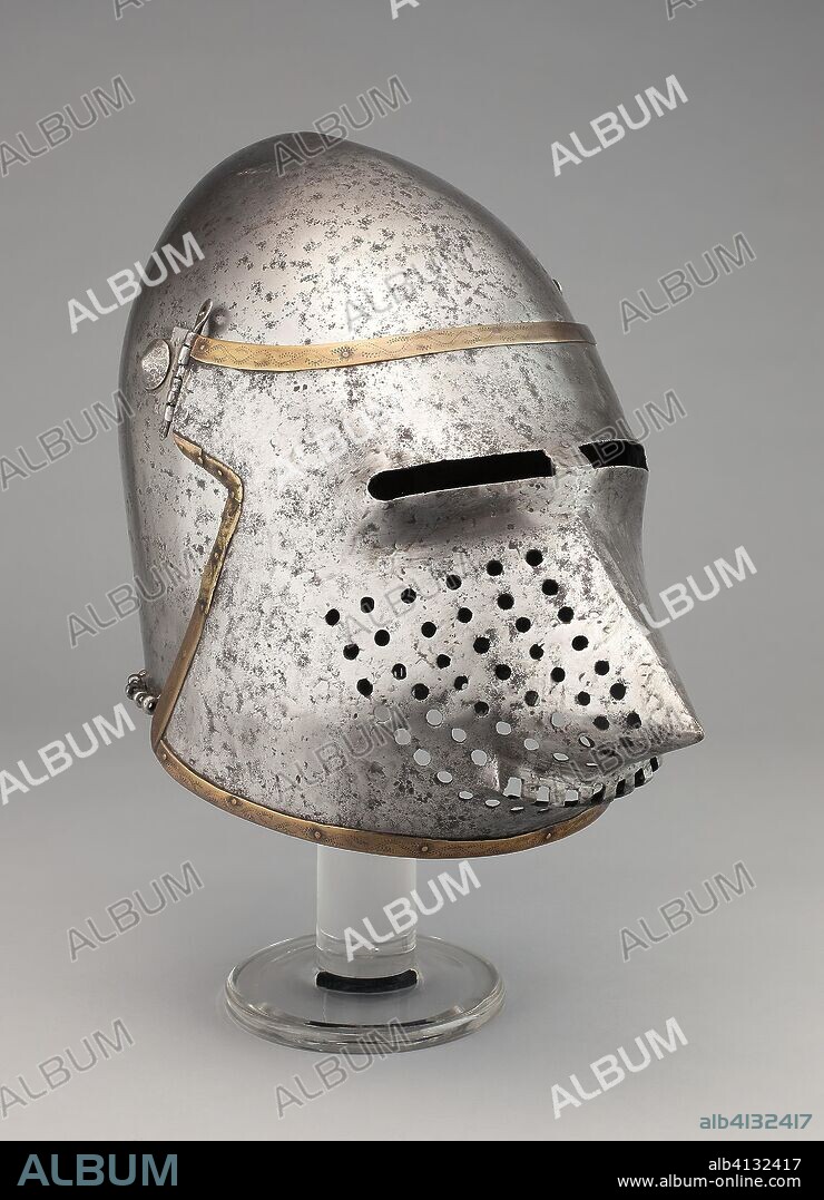 Visored Bascinet. Western European. Date: 1390-1410. Dimensions: H. 24.1 cm (9 1/2 in.). Steel and brass. Origin: Italy.