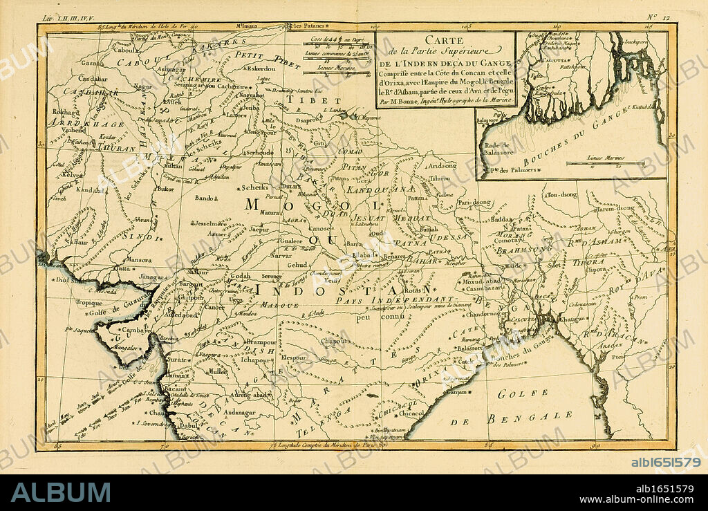 Map of Northern India, circa.1760. From 'Atlas de Toutes Les Parties Connues du Globe Terrestre ' by Cartographer Rigobert Bonne. Published Geneva circa. 1760.
