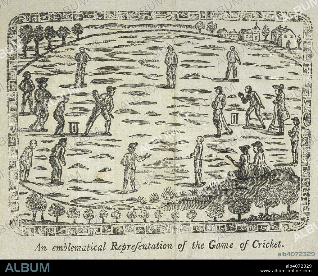 'An emblematical Representation of the Game of Cricket'. New articles of the game of cricket, as settled and revised at the Star and Garter, Pall-Mall, February the 25th, 1774; by a committee of noblemen and gentlemen of Kent, &c. Embellished with a neat emblametical [sic] representation of the game. Maidstone: printed and sold by J. Blake, [ca.1787]. Source: C.104.cc.6, frontispiece. Language: English.