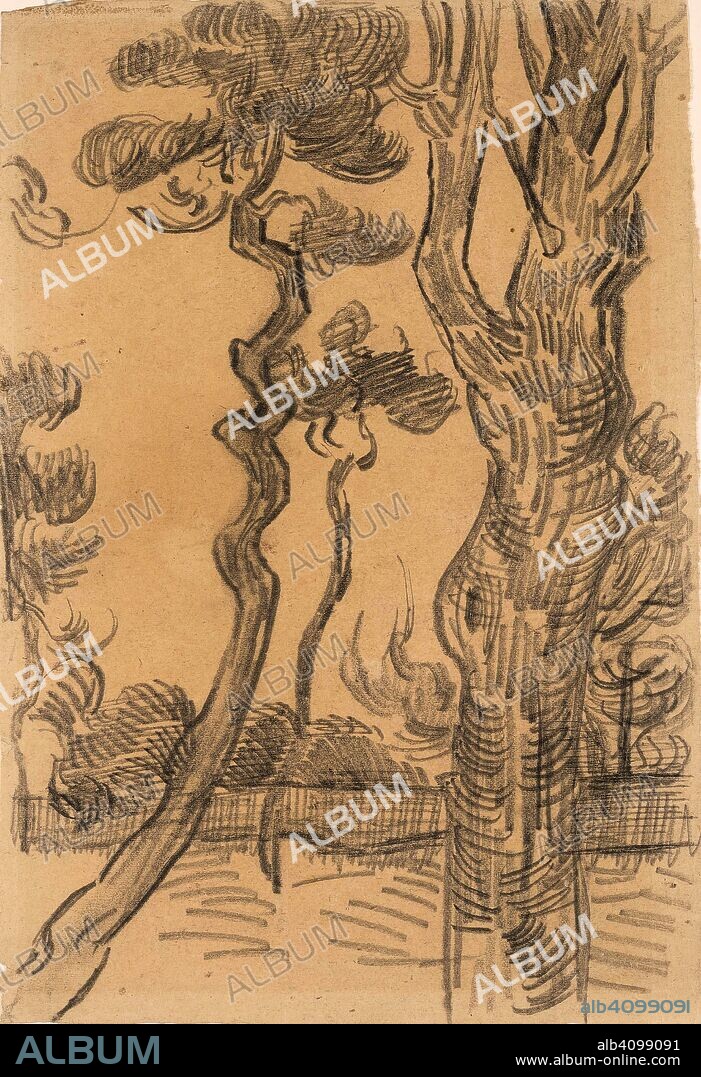 VINCENT VAN GOGH. Trees and Wall in the Garden of the Asylum. Date: October 1889, Saint-Rémy-de-Provence. Dimensions: 30.3 cm x 20.7 cm.