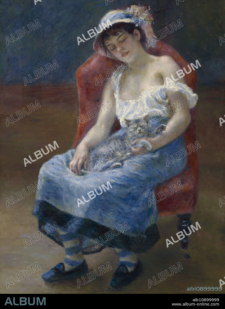 PIERRE-AUGUSTE RENOIR. Sleeping Girl, 1880. A young woman dozes in a chair, her striped stockings and plain skirt suggesting her humble background. The undergarment slipping off her shoulder attracts our gaze, while giving the impression that she is unaware of being observed. The model is thought to have been a resident of Montmartre known for her colorful slang and erratic lifestyle. The image’s suggestive nature is underscored by the presence of the equally sleepy cat resting in her lap.