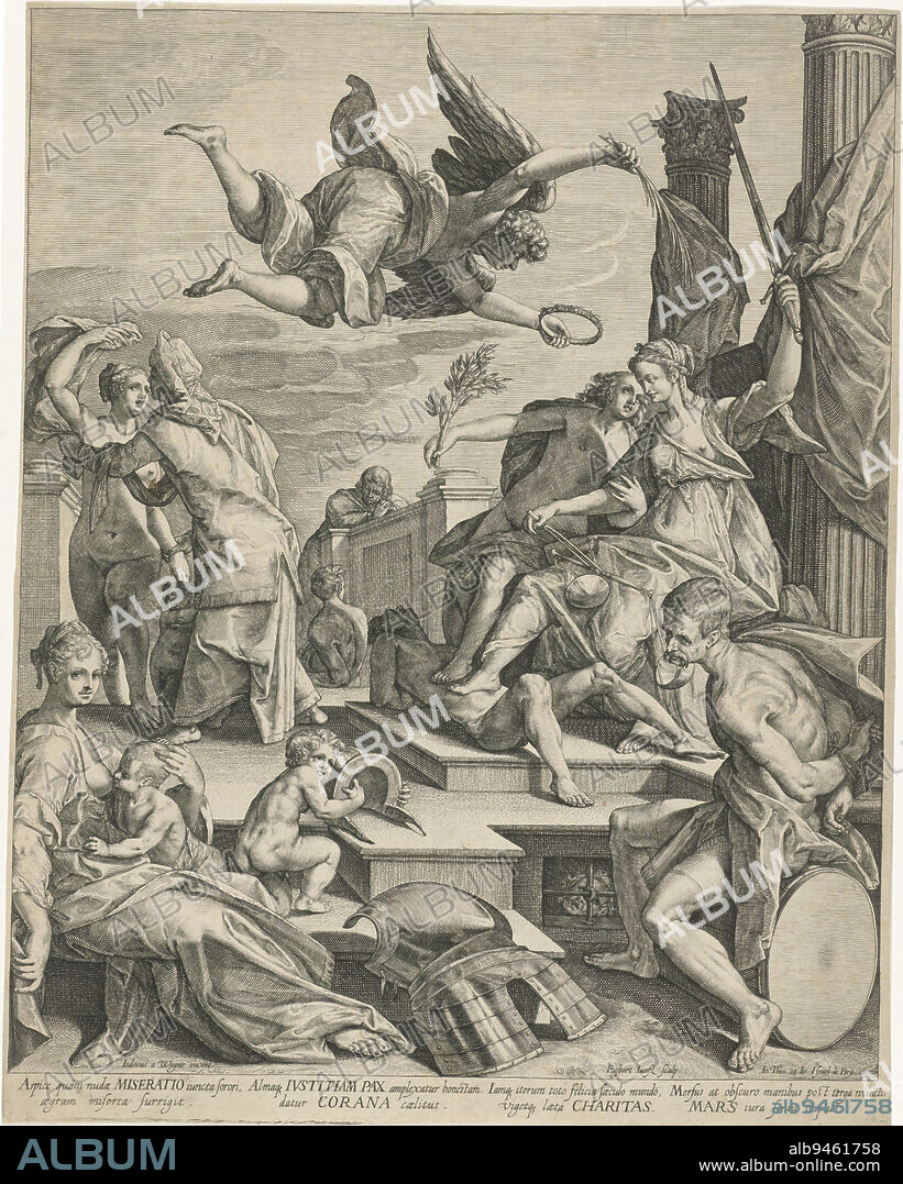 Justice (Justice) and Peace (Pax), sit on a throne with their feet resting on a lying, naked man. Above them the Victory (Victoria) that wants to crown them. In the foreground on the right Mars, sitting with his arms tied behind his back. On the left in the foreground Charity (Charitas), nursing a child. Next to her a child, playing with a helmet. In the foreground a harness. In the margin below the scene an eight-line caption in four columns in Latin, Allegory with Justitia, Pax and Charitas., print maker: Egbert Jansz., (mentioned on object), Joos van Winghe, (mentioned on object), publisher: Johann Theodor en Johann Israel de Bry, (mentioned on object), Zuid-Nederland, 1588 - 1608, paper, engraving, h 450 mm × w 357 mm.