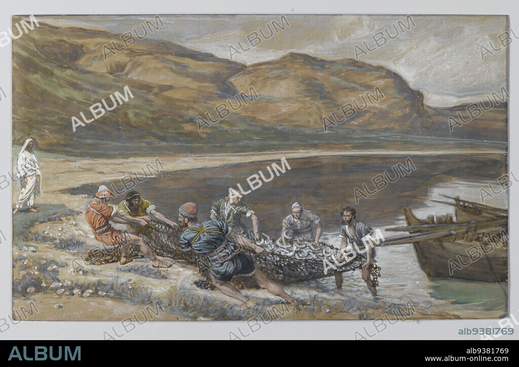 The Second Miraculous Draught of Fishes, La seconde pêche miraculeuse, The Life of Our Lord Jesus Christ, La Vie de Notre-Seigneur Jésus-Christ, James Tissot, French, 1836-1902, Opaque watercolor over graphite on gray wove paper, France, 1886-1894, Image: 6 1/8 x 10 in., 15.6 x 25.4 cm, abraham, angel, bible, biblical, Blue, boat, Dark, fish, Fishing, France, hunger, isolated, Jesus, John 21:10-11, male figures, masculine, men, miracle, nature, net, religious Art, Sad, Sea of Galilee, Tissot, tunics, watercolor.