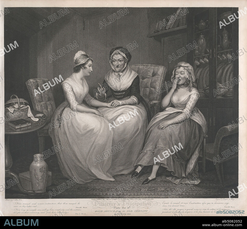 Diligence and Dissipation: Good Advice from an Old Servant to the Young Ones (Plate 2), Print made by Thomas Gaugain, 17481812, French, and Thomas Hellyer, active 1800, British, after James Northcote, 17461831, British, 1797, Stipple engraving, open letter proofs, Sheet: 18 1/8 x 20 13/16in. (46 x 52.9cm), bonnets, literary theme, servants, vase, women, yawning.