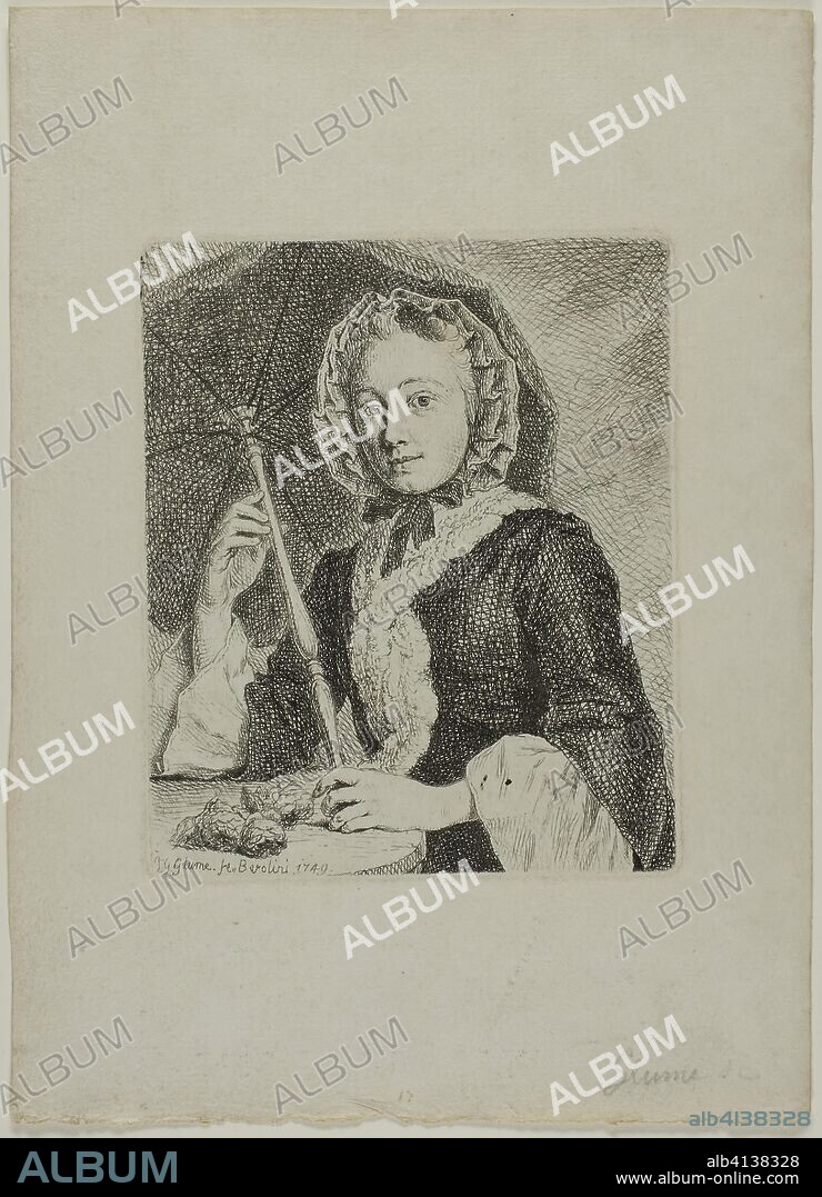 Woman with a Parasol (Mrs. Friedrich Christian Glume, Sister-in-Law of the Artist). Johann Gottlieb Glume; German, 1711-1778. Date: 1749. Dimensions: 130 × 108 mm (image/plate); 227 × 165 mm (sheet). Etching in black on cream laid paper. Origin: Germany.