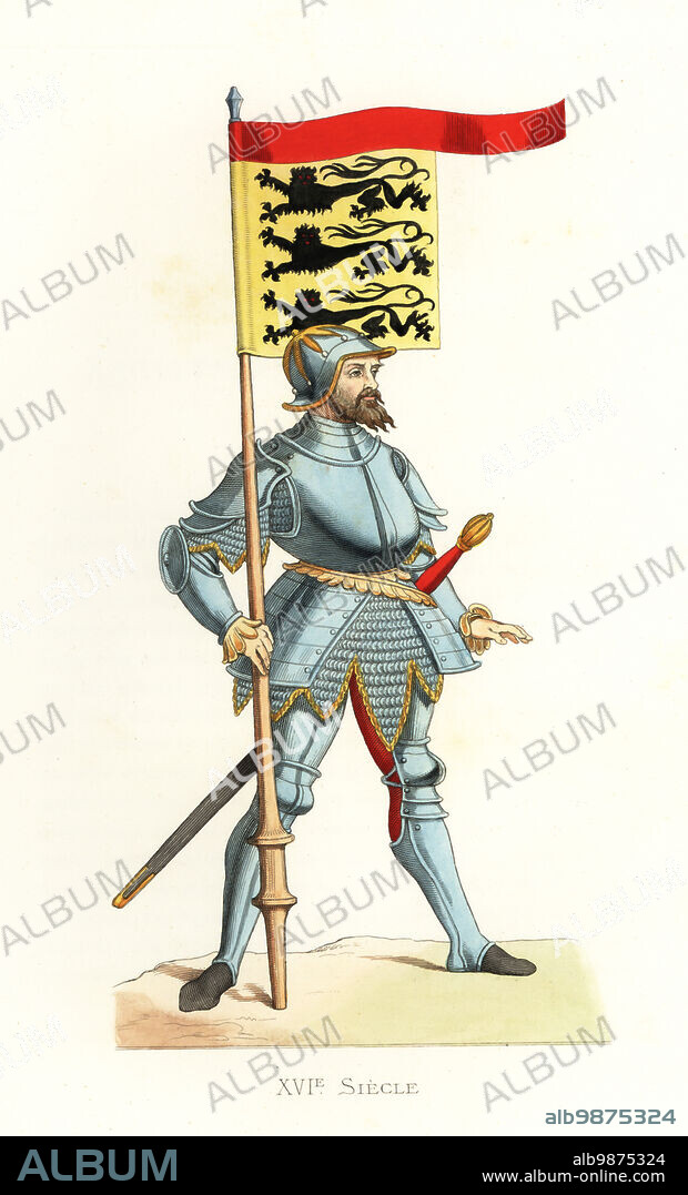 English soldier, 16th century. Angleterre, Homme d'Armes. In buff justaucorps, plate armour, chain mail hauberk, bourguignote helmet, long sword or espadon, English standard with three lions. After a handcoloured woodcut. Handcolored lithograph after an illustration by Edmond Lechevallier-Chevignard from Georges Duplessis's Costumes historiques des XVIe, XVIIe et XVIIIe siecles (Historical costumes of the 16th, 17th and 18th centuries), Paris, 1867. Edmond Lechevallier-Chevignard was an artist, book illustrator, and interior designer.