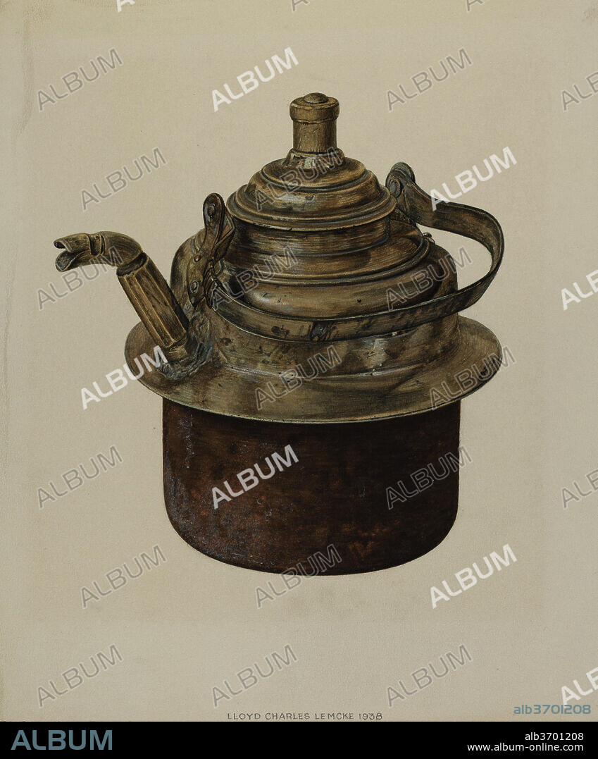LLOYD CHARLES LEMCKE. Kettle. Dated: 1938. Dimensions: overall: 32.5 x 28 cm (12 13/16 x 11 in.)  Original IAD Object: 9 1/2" in diameter; 11" high. Medium: watercolor, pen and ink, and graphite on paperboard.