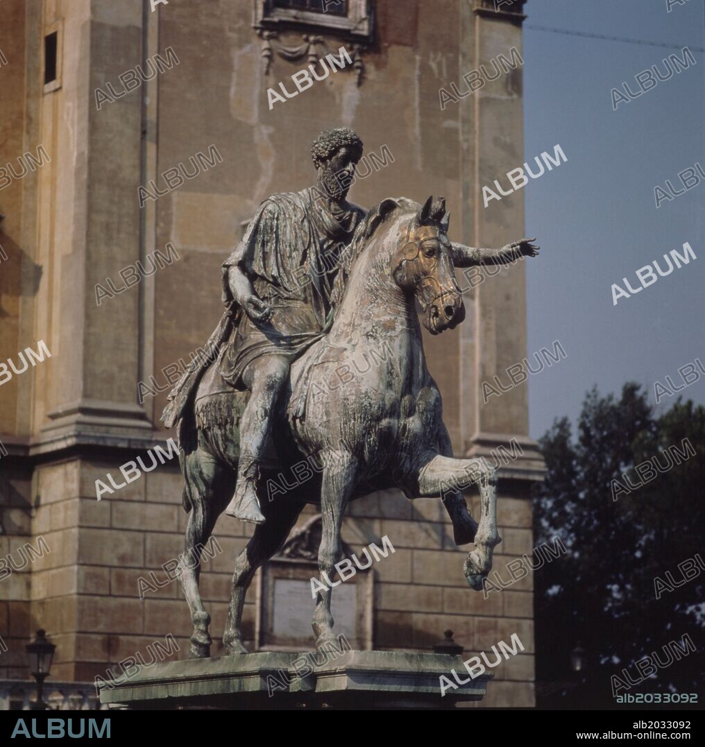Marcus Aurelius, Caesar Marcus Aurelius Antonius Augustus. Roman stone equestrian statue in Rome.