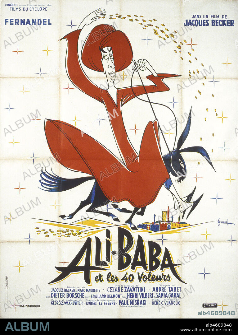'Ali Baba et les quarante voleurs' Affiche du film illustree par Rene FERRACCI (1927-1982) realise en 1954 par Jacques BECKER (1906-1960) avec FERNANDEL (1903-1971). ADAGP. Credit : Coll. Perron/KHARBINE-TAPABOR.