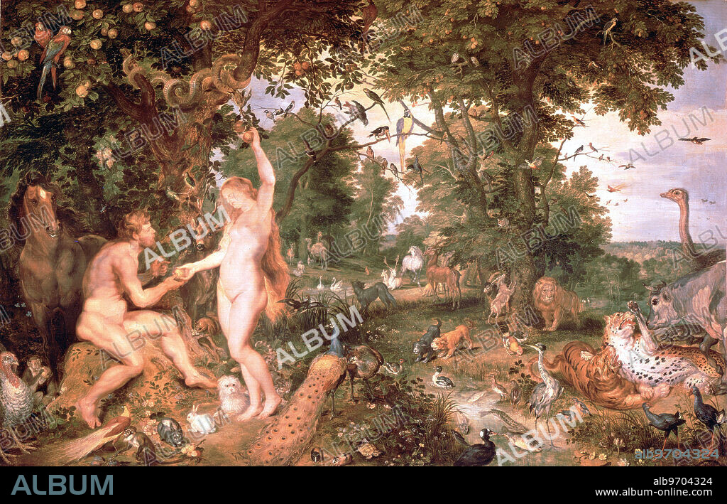 Paradise L'aia. by Rubens. Adam and Eve in Paradise c.1610-15. Pieter Pauwel (Peter Paul) Rubens (June 28, 1577 - May 30, 1640) was a Flemish artist, considered by many to be one of the greatest painters in European art history, a master of the Baroque style and the most important Flemish painter of the 17th century. Adam and Eve in Paradise, c.1610-15. Additional Info figures of Adam and Eve are by Rubens;. Artist Brueghel, Jan (1601-78) & Rubens, P.P. (1577-1640). in Mauritshuis, The Hague, The Netherlands ©2006 TopFoto.