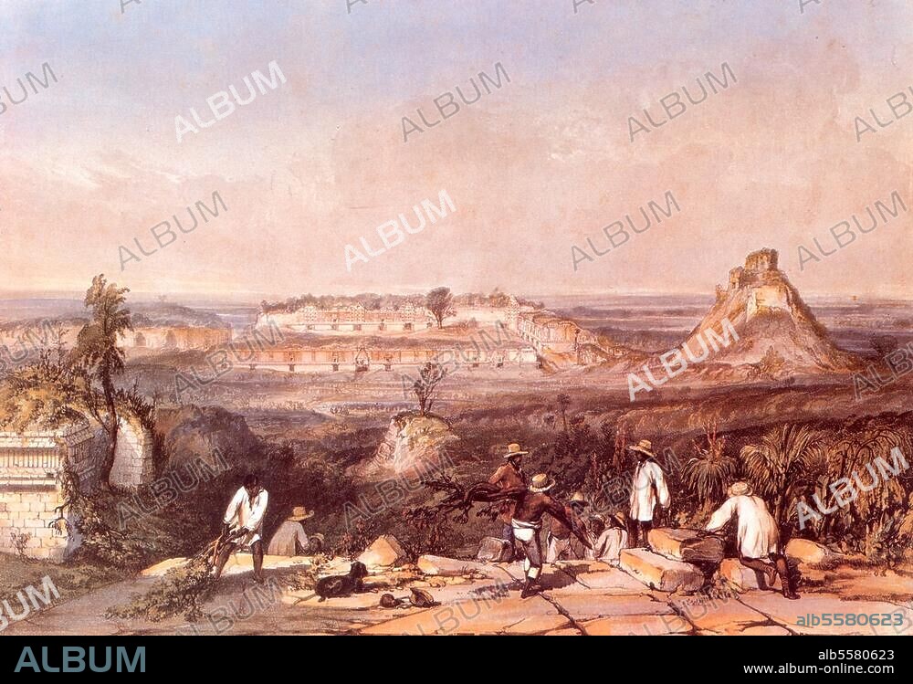 Uxmal (Mexiko), sog. Pyramide des Zwerges. (toltekisch, um 1000-1200 n. Chr.). - "Casa de las Monjas und Pyramide des Zwerges in Uxmal". Kolorierte Lithographie, nach Zeichnung, um 1844, von Frederick Catherwood.