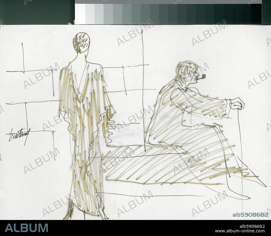 Wilson, Robert; amerik. Regisseur, Autor, Produzent, Tänzer; geb. 1941. Werke: Death Destruction & Detroit. Uraufführung Berlin, Schaubühne, 1979. (Insz. u. Bild: Robert Wilson): Szenenbild mit dem Schauspieler Otto Sander u. a. Zeichnung, 1979; von Gerd Hartung. (1913-2003). Filzstift auf Papier 21 x 29,7 cm. Privatsammlung.